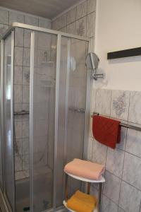 a shower with a stool in a bathroom at Ferienwohnungen Vorwerk in Schneverdingen +6 photos