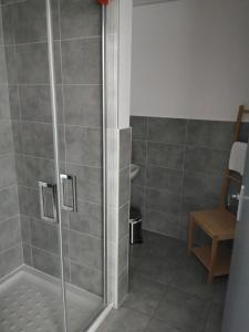 W łazience znajduje się prysznic ze szklanymi drzwiami. w obiekcie Le Relais Délys w mieście Saint-Rémy-sur-Durolle
