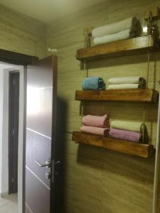ein Badezimmer mit einem Handtuchhalter und einer Tür in der Unterkunft Apartment Uphill Vukovic in Bar
