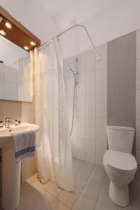 a bathroom with a toilet and a shower and a sink at Pension Panorama in Kalamaki Heraklion