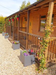 una cabaña con varias macetas de flores delante de ella en Lyonshall Lodge en Kington