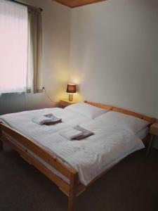 a bedroom with a large bed with white sheets at BOUDA MORAVA in Dolni Dvur