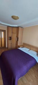 a large bed in a room with a purple blanket at Apartment Mala Zhytomyrska 10 in Kyiv