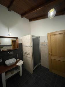 y baño con lavabo y ducha con espejo. en Guest House Le ginestre dell'Etna en Belpasso