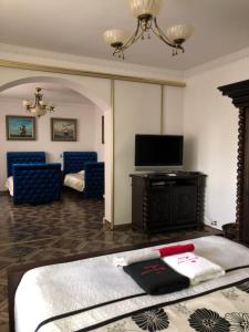 Cette chambre comprend un lit et une télévision à écran plat. dans l'établissement Apartament Maria, à Supraśl