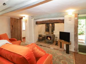 a living room with a couch and a fireplace at The Hideaway at Burrow Hill in Ottery Saint Mary