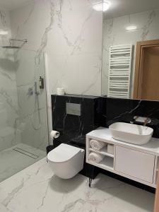 a bathroom with a toilet and a sink and a mirror at Hotel Sebory in Przasnysz