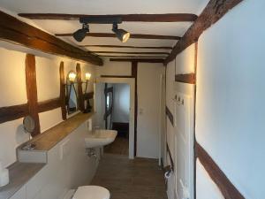 a bathroom with a toilet and a sink at Ferienwohnung Obergasse in Zwingenberg +15 photos