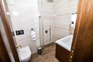 a bathroom with a shower and a toilet and a sink at Семеен хотел Анна-Кристина in Vidin