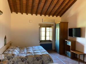 
a bedroom with a bed and a tv at Casale Gregoriano in San Gimignano
