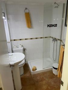a bathroom with a shower and a toilet and a sink at Koka Beach in Playa del Ingles