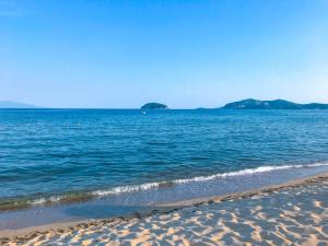 a beach with blue water and an island in the distance at Dream Villa in Paleo Tsifliki