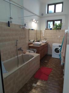 a bathroom with a tub and a sink and a washing machine at Apartmány Šitavanc in Příbor +58 photos