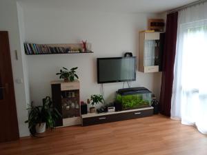 ein Wohnzimmer mit einem Aquarium und einem Flachbild-TV in der Unterkunft Apartmán Meduňková in Zlín