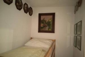 a bedroom with a bed and a picture on the wall at Seewohnung Ossiachersee atemberaubendes Panorama in Villach