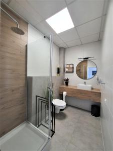 a bathroom with a shower and a toilet and a sink at Apartamenty Rynek in Białystok