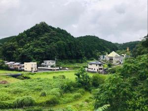 ein Dorf mit Häusern und einem Berg im Hintergrund in der Unterkunft Youyousanso Traditional B in Tsu
