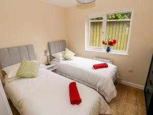 two beds in a room with a window at Ramsey Lodge Bier Wood Lodges in Tenby