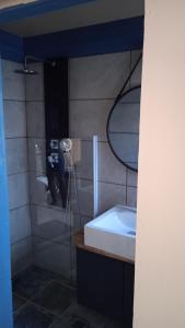 ein Bad mit einer Glasdusche und einem Waschbecken in der Unterkunft Chez Fred A Saint Andre in Saint-André