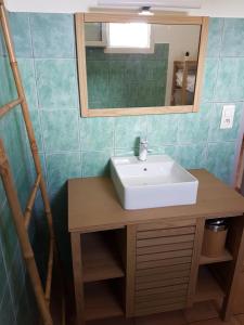 łazienka z umywalką i lustrem w obiekcie Maison individuelle 90m2 avec véranda et piscine w mieście Roquemaure +24 zdjęcia