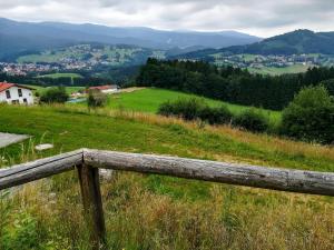 une clôture en bois au-dessus d'un champ vert dans l'établissement Hotel Waldhaus, à Bodenmais