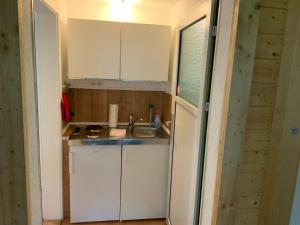 una pequeña cocina con armarios blancos y fregadero en Ferienwohnung Silstedt en Wernigerode