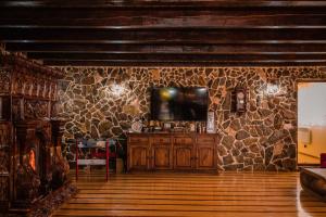 a living room with a tv on a stone wall at Vila Izvoarele in Izvoarele