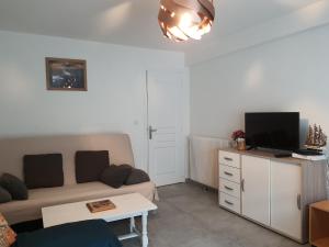 un soggiorno con un divano e una TV di Port Vauban appartement F3 refait à neuf a Antibes