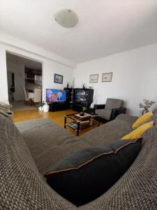 ein Wohnzimmer mit einem Sofa und einem TV in der Unterkunft Apartman Sara in Preko