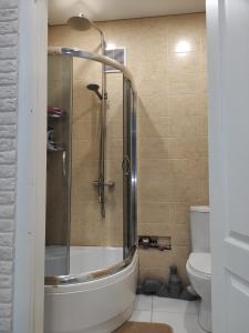 ein Bad mit einer Dusche und einem WC in der Unterkunft New apartments Уютная студия в центре города Дзержинка in Krywyj Rih