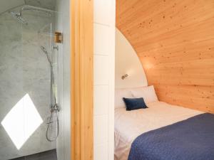 a bedroom with a shower and a bed in a room at Seren in Llandrindod Wells