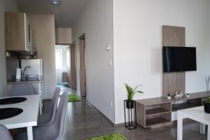 a room with a kitchen and a living room at Tempó Apartman Siófok in Siófok