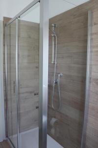 a shower in a bathroom with a glass door at Villa Anna in Domegge di Cadore