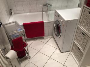 uma casa de banho com uma máquina de lavar roupa e uma banheira em Auf der Zschopau-Insel em Zschopau