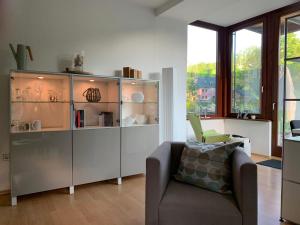 - un salon avec un canapé et une armoire en verre dans l'établissement Auf der Zschopau-Insel, à Zschopau