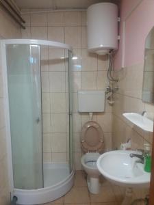 a bathroom with a shower and a toilet and a sink at Apartmani M-1 in Novi Sad