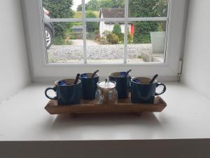 a shelf with four blue cups on a window sill at THE BOTHY SUITE BY TEMPLE WOOD in Lochgilphead