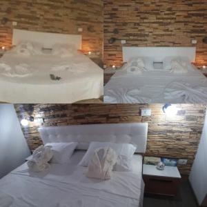 two pictures of a bedroom with two beds and towels at Insomnia Studio in Drobeta-Turnu Severin
