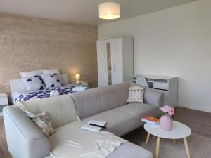 een woonkamer met een bank en een bed bij Appart'HomeCity - Rouen Grand Prieuré in Rouen