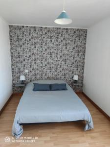 ein Schlafzimmer mit einem Bett und einer Wand in der Unterkunft les gites de la bouldoire Renaissance in Rignac