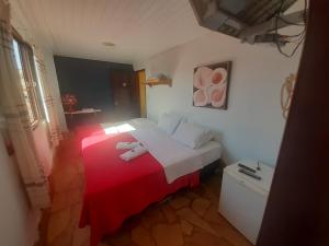 ein Schlafzimmer mit einem großen Bett mit einer roten Decke in der Unterkunft Pousada Aliens in São Thomé das Letras