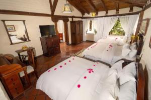 Samari Spa Resort في بانوس: غرفة نوم فيها اربع سراير بيضاء وعليها ورد احمر