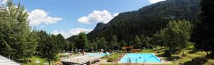 a large swimming pool in a park with a mountain at Garten- & Loggia-Appartement HERRENHAUS in Dellach im Drautal