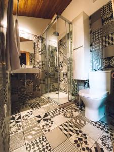 a bathroom with a shower and a toilet at Casa Azevedos in Ponte da Barca
