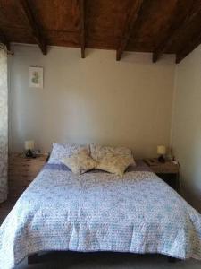 a bedroom with a blue bed with two pillows at La Casa Blanca in San Pedro de Atacama