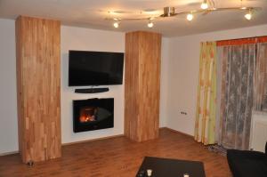 a living room with a fireplace and a tv on a wall at Appartement Popelka in Saalfelden am Steinernen Meer