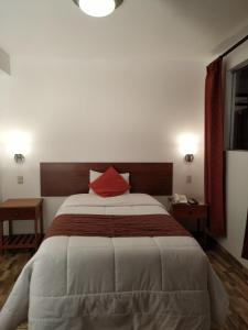 1 dormitorio con cama grande y almohada roja en Viandina Machupicchu en Machu Picchu