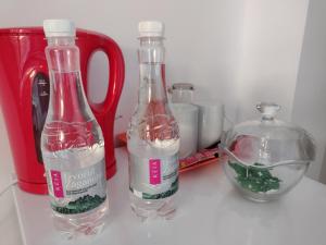 two bottles of water and a glass bowl on a counter at Vilele Liliana in Mamaia Sat/Năvodari