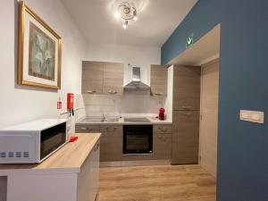 a kitchen with a microwave on a counter with a sink at Gîtes de la Croisette 3 in Dinant +4 photos