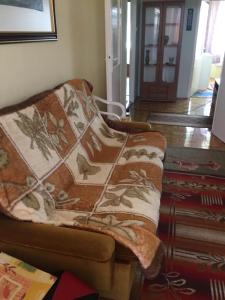 ハイドゥソボスローにあるMarika apartmanのリビングルームのソファに掛けた毛布